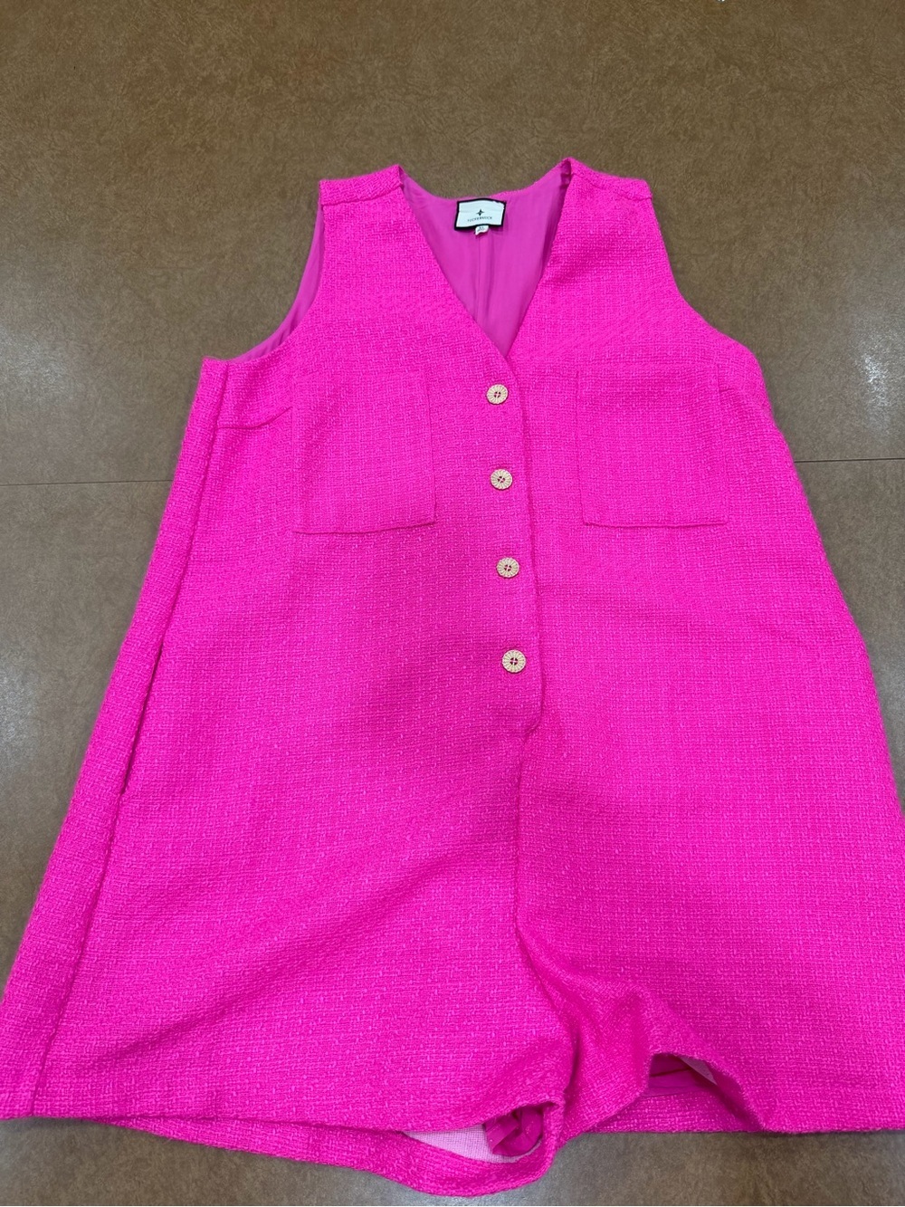 Tuckernuck Hot Pink Tweed • Preppy• Gold Button- V-Neck • Front Romper • Size XL